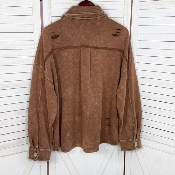 Oddy Distressed Jersey Knit Shacket Cropped Brown Medium Large - Picture 9 of 13